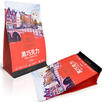 Sacchetti di plastica personalizzati confezionamento Ziplock Stand Up Pocket Gusset Cioccolato Caffè Otto lati sigillati Sacchetto a fondo piatto con cerniera