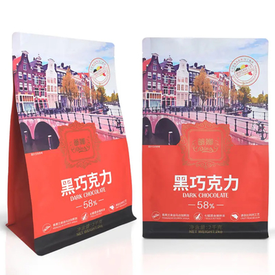 Sacchetti di plastica personalizzati confezionamento Ziplock Stand Up Pocket Gusset Cioccolato Caffè Otto lati sigillati Sacchetto a fondo piatto con cerniera