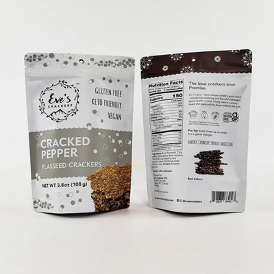 Stampato su misura 100g 250g 500g Stand up pouch Flaxseed Cracker Antiodore Zipper Food Packaging Bags