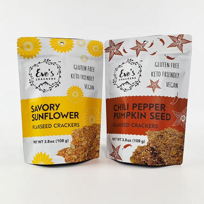 Stampato su misura 100g 250g 500g Stand up pouch Flaxseed Cracker Antiodore Zipper Food Packaging Bags