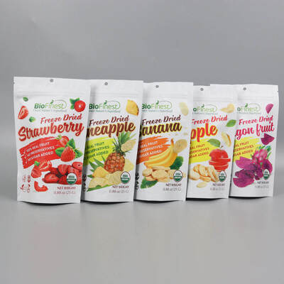 Sacchetti per imballaggio alimentare con zip richiudibile in plastica e alluminio personalizzati, stampati, per snack, frutta liofilizzata, busta doypack stand-up