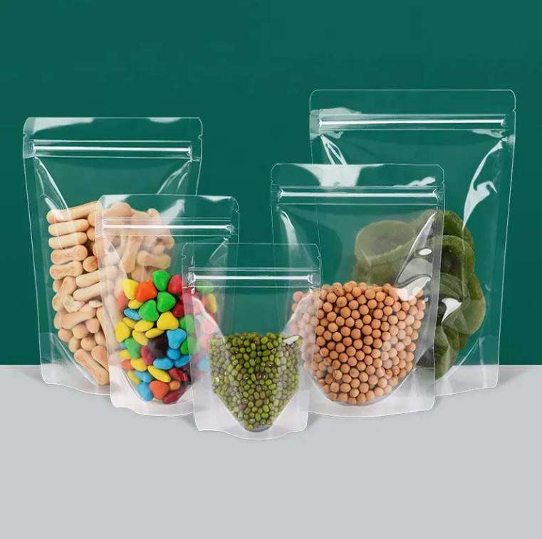 Cibo Ziplock Chiara Stampa personalizzata Stand Up Pocket Zip Lock Imballaggio Sacchetto di plastica trasparente con cerniera