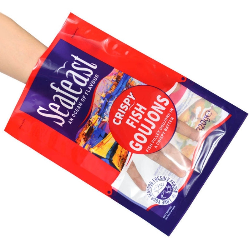 Confezionamento personalizzato per alimenti surgelati di pesce e pollo sottovuoto con sacchetto di plastica a 3 lati sigillati e logo